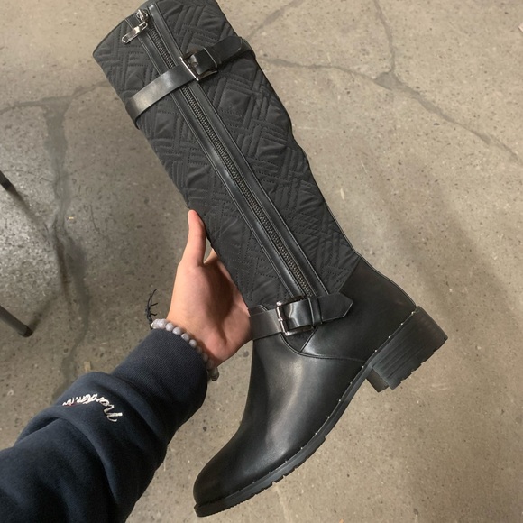 Buckle Detail Knee High Zip Lug Sole Boots in Black Faux Leather, Women’a - Picture 5 of 15